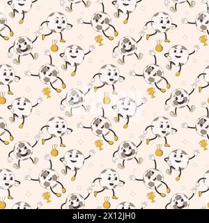 Football retro cartoon seamless pattern. Soccer ball endless background. Groovy mascot repeat cover. Vector flat illustration. Stock Vektor