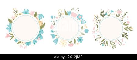 Set aus Blumenstrauß mit kreisförmigem Rand. Blumenkranz isoliert auf weißem Hintergrund. Rahmen für Frühlingsblumen. Illustration der Vektorabwicklung. Stock Vektor