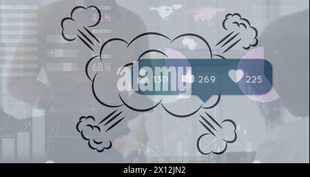 Bild der Datenverarbeitung über Mediensymbole und verschiedene Geschäftsleute Stockfoto