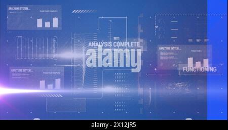 Bild von Lichtspuren und Datenverarbeitung auf blauem Hintergrund Stockfoto