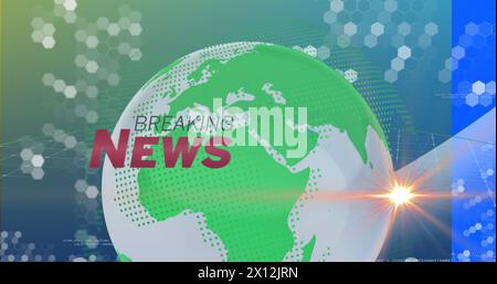 Bild von Lichtspuren und Globus mit Nachrichten auf blauem Hintergrund Stockfoto