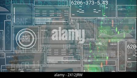 Bild der Infografik-Oberfläche, Punkte, die Diagramme bilden, Handelstafel über abstraktem Hintergrund Stockfoto