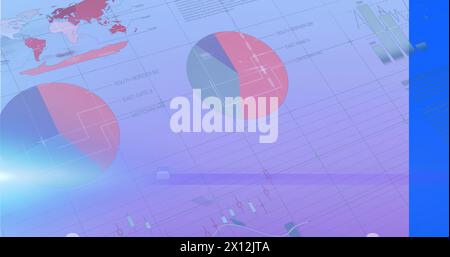 Bild von Lichtspuren und Datenverarbeitung auf blauem Hintergrund Stockfoto
