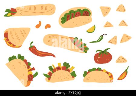 Mexikanisches Fast-Food-Set. Burrito, Taco, Nacho. Traditionelle Kulturküche Tortilla mit Meet, Salat, Pfeffergemüse. Vektor flach handgezeichnet Illustra Stock Vektor