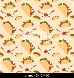 Nahtloses Taco-Muster. Mexikanisches gegrilltes Rindfleisch mit Gemüse-Sandwich-Überzug. Illustration der Vektorabwicklung. Stock Vektor