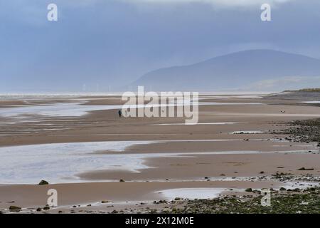 West Shore, Walney Island, Barrow-in-Furness, Cumbria, Großbritannien, April 2024. Wetter: Wild und windig im Nordwesten Englands mit einer Wetterwarnung anstelle von starken Winden und Stürmen. Zwei Menschen trotzen den Bedingungen, um einen Hund auf dem weitläufigen Sand zu trainieren, hinter dem sich der Black Combe Berg erhebt. Quelle: Paul Biggins/Alamy Live News Stockfoto