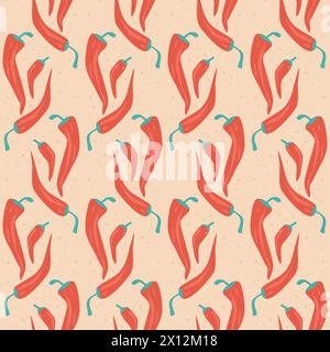 Nahtloses Muster mit rotem Chili-Pfeffer. Mexikanisches Lebensmittelsymbol - Hintergrund wiederholen. Endlose Abdeckung für heißes Gemüse. Vektor flache handgezeichnete Illustration. Stock Vektor