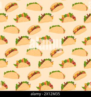 Nahtloses Tacos-Muster. Mexikanisches Fast Food, endloser Hintergrund. Gegrilltes Fleisch mit Gemüse-Sandwich, wiederholter Abdeckung. Name der traditionellen Küche, Snackschleife Stock Vektor