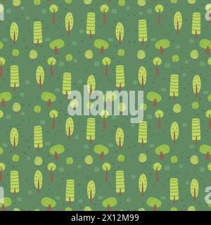 Nahtloses Muster der Waldlandschaft im Sommer. Bäume und Büsche kritzeln endlosen Hintergrund. Parkwiederholung der Abdeckung. Vektor flache handgezeichnete Illustration. Stock Vektor