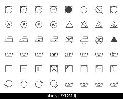 Symbole für die Zeile der Waschanweisungen. Wasch- und Reinigungssymbole, Anleitung zur Pflege der Kleidung, Textilreinigungsrichtlinie flach. Vektor-isolierter Satz Stock Vektor