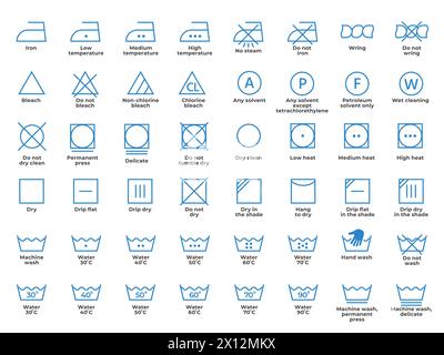 Anweisungen zur Wäscheleine für Kleidung. Etikett für die Wäschepflege mit Symbolen für Waschmaschinen, Waschmittel und Flachbügeln. Vektor-isolierter Satz Stock Vektor