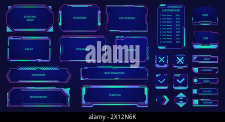 Game Stream hud-Überlagerung. Futuristische Layoutelemente für Cyber-Broadcasts, digitales Streaming-Panel mit Webcam-Rahmen und Chatleiste. Vektor-UI festgelegt Stock Vektor