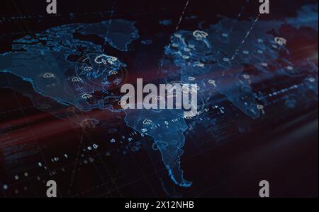 Cloud Computing Server Mobile Access Storage Symbole über der Weltkarte. 3D-Illustration des Technologiekonzepts. Stockfoto