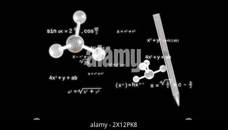 Abbildung von Symbolen über mathematischen Gleichungen auf schwarzem Hintergrund Stockfoto