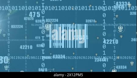 Abbildung der Änderung von Zahlen über Symbolen und qr-Code gegen Binärcodes auf blauem Hintergrund Stockfoto