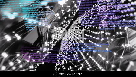 Textdatenverarbeitung über leuchtend weiße Lichter im Netzwerk von Verbindungen über schwarzem Hintergrund Stockfoto