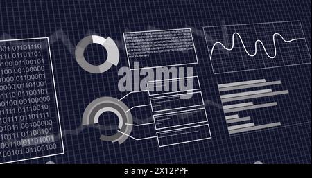 Bild der Schnittstelle mit Binärcodierung und statistischer Datenverarbeitung vor blauem Hintergrund Stockfoto