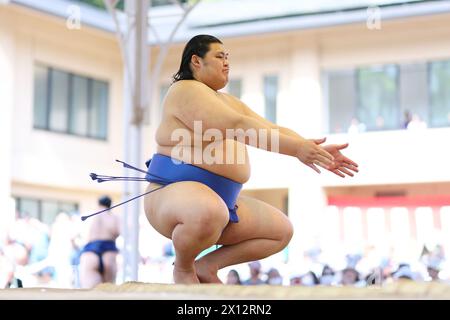 Tokio Japan. April 2024. Onosato, 15. APRIL 2024 - Sumo: Jährliches Sumo-Turnier, das dem Yasukuni-Schrein in Tokio gewidmet ist. Quelle: Naoki Morita/AFLO SPORT/Alamy Live News Stockfoto