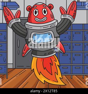 Roboter mit Rocket Booster farbiger Cartoon Stock Vektor