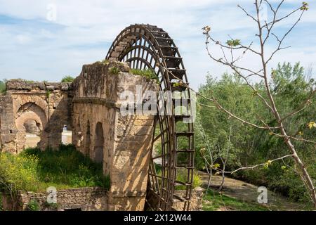 Die Wassermühle Albolafia (Molino de la Albolafia auf Spanisch) ist ein sehr altes mittelalterliches Wasserrad entlang des Flusses Guadalquivir in der historischen Mitte Stockfoto