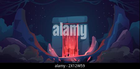 Hintergrund des Cartoon Magic Portals. Fantasy-Eingangsbogen mit Neonlichteffekt, magisches Tor mit Stern und Blitz, mystische außerirdische Landschaft. Vektor Stock Vektor