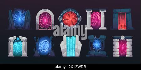 Cartoon-Spiel-Portal. Magischer Vortex Tunnel Bogenrahmen, Fantasy Feen Eingang und Ausgang Weg, Fantasy Adventure Game Asset. Vektor-isolierter Satz Stock Vektor