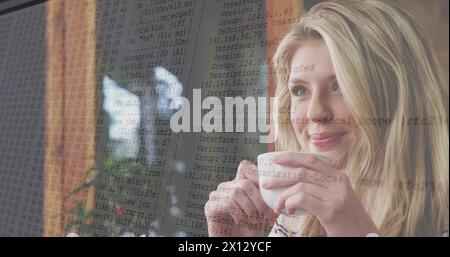 Bild der digitalen Schnittstelle über birassische Frauen, die Kaffee trinken Stockfoto