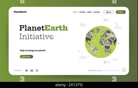 Planet Erde Landung. Globales Umweltkonzept, 3D-Rendering der Erdkugel mit Himmel und Wolken, Cartoon-Planetenmodell mit Gras und Bäumen. Vektor Stock Vektor