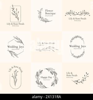 Blumen- und botanisches Logo. Minimalistisch elegante Blumenabzeichen mit dekorativen Elementen, florale Monogramme für Naturkosmetikmarken. Vektorsatz Stock Vektor