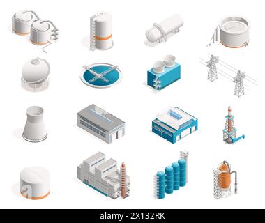 Isometrische Fabriken. Industriegebäude mit Produktion und Lager, Industriegebiet mit Ölraffinerie und Mühle. Vektorsatz Stock Vektor