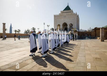 Rabat, Marokko. April 2024. Das Mausoleum von Mohamed V. in Rabat, Marokko, dargestellt am Sonntag, den 14. April 2024. Vom 14. Bis 16. April 2024 besuchen mehrere belgische Regierungsmitglieder und Unternehmer Marokko offiziell. BELGA FOTO HATIM KAGHAT Credit: Belga News Agency/Alamy Live News Stockfoto