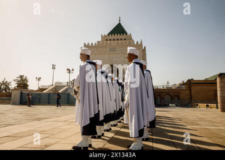 Rabat, Marokko. April 2024. Das Mausoleum von Mohamed V. in Rabat, Marokko, dargestellt am Sonntag, den 14. April 2024. Vom 14. Bis 16. April 2024 besuchen mehrere belgische Regierungsmitglieder und Unternehmer Marokko offiziell. BELGA FOTO HATIM KAGHAT Credit: Belga News Agency/Alamy Live News Stockfoto