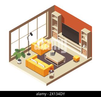Isometrische Innenausstattung des Wohnzimmers. Cartoon-Apartment mit Möbeln, modernes Wohnzimmer mit Sofa und Sessel, Inneneinrichtung. Vektor Stock Vektor