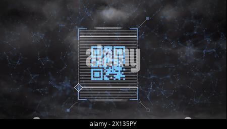 Bild des qr-Code-Scanners und des Netzwerks von Verbindungen gegen Donner und dunkle Wolken Stockfoto
