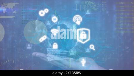 Bild eines sich drehenden Globus über der Hand vor Datenverarbeitung und digitalen Symbolen Stockfoto