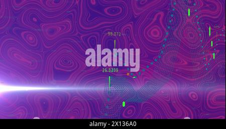 Bild der Datenverarbeitung über Formen auf violettem Hintergrund Stockfoto