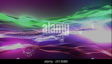 Bild von weißen Partikeln, die sich auf einem blau-schwarzen Hintergrund drehen und einen 3D-dna-Strang bilden Stockfoto