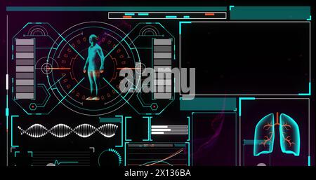 Bild der Datenverarbeitung über Formen auf schwarzem Hintergrund Stockfoto