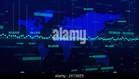 Bild mehrerer Diagramme mit Zahlen über Karte vor blauem Hintergrund Stockfoto