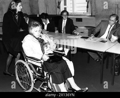 Wien am 7. Oktober 1990: Eine Frau im Rollstuhl gibt in einem Wahllokal im ersten Wiener Gemeindebezirk ihre Stimme ab. - 19901007 PD0092 - Rechteinfo: Rights Managed (RM) Stockfoto