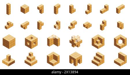 Isometrische Holzwürfel. Geometrische Holzblöcke in verschiedenen Formen, 3D-Holzquadrate für die Bildung und Unterhaltung von Kindern. Vektor-isolierter Satz Stock Vektor