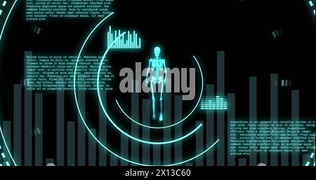 Bild der Datenverarbeitung mit Scope-Scan und menschlichem Skelett auf schwarzem Hintergrund Stockfoto