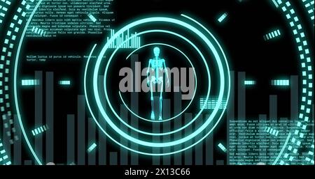Bild der Datenverarbeitung mit Scope-Scan und menschlichem Skelett auf schwarzem Hintergrund Stockfoto