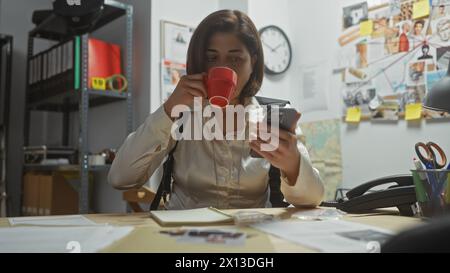 Die hispanische Detektivin schlürft Kaffee und untersucht das Telefon in einem unordentlichen Polizeirevier, umgeben von Beweisen. Stockfoto