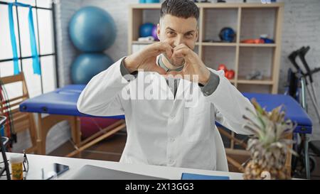 Ein junger hispanischer Mann in einem weißen Mantel bildet mit seinen Händen eine Herzform in einer hell beleuchteten Physiotherapie-Klinik. Stockfoto