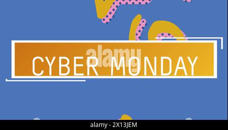 Bild von Cyber monday Text auf gelbem Banner, rosa und gelben Formen auf blauem Hintergrund Stockfoto