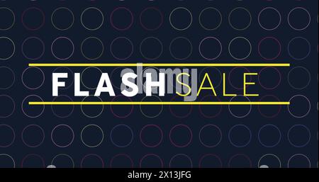 Bild: Flash-Verkaufstext mit gelben Linien über Reihen von mehrfarbigen Kreisen auf Schwarz Stockfoto