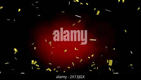 Bild von goldenem Konfetti, das über roten und schwarzen Hintergrund fällt Stockfoto