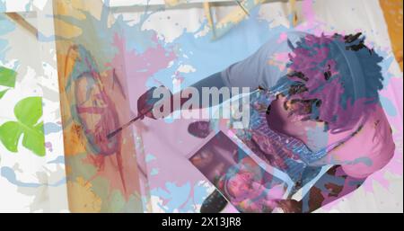 Bild von rosa und blauer Farbe über Bild des Künstlers Stockfoto