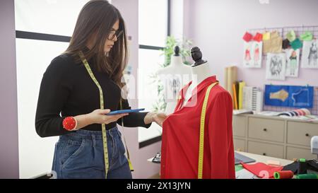 Eine junge Schneiderin mit Maßband benutzt in einem bunten Atelier ein Tablett mit Schaufensterpuppe und Skizzen. Stockfoto